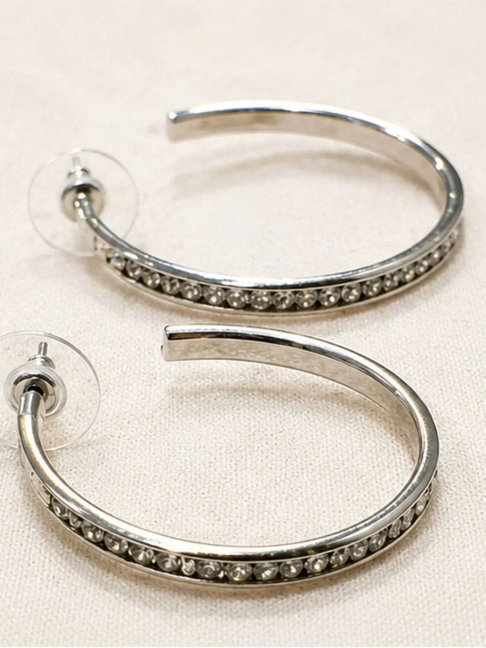 Vintage Crystal Hoop Earrings Silver Tone Rhinestone Open Hoops Sparkly Chic
